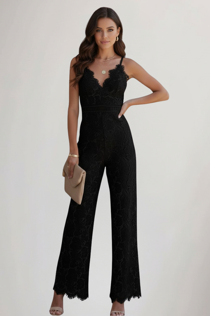 Damen Ärmellose Jumpsuit Spitze V-Ausschnitt Weite Beine