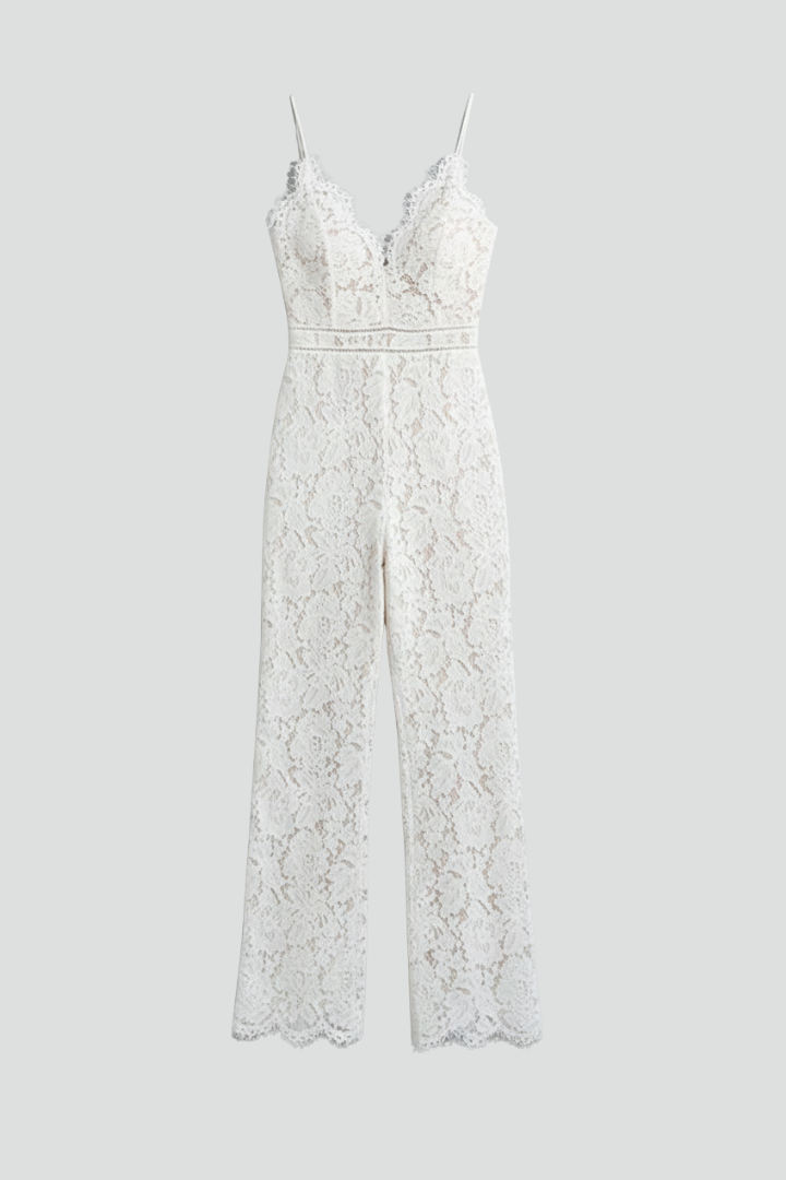 Damen Ärmellose Jumpsuit Spitze V-Ausschnitt Weite Beine Schwarz - Norvielle