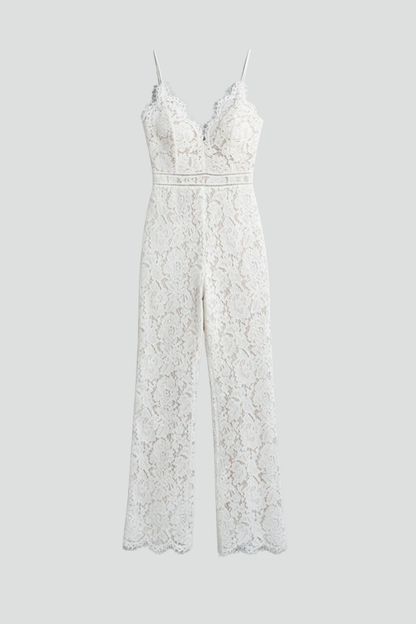 Damen Ärmellose Jumpsuit Spitze V-Ausschnitt Weite Beine Schwarz - Norvielle