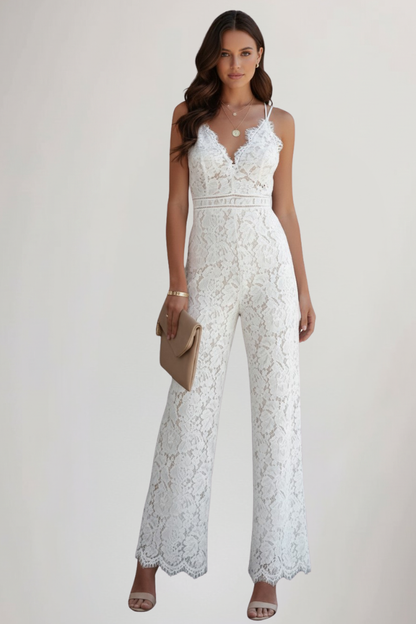Damen Ärmellose Jumpsuit Spitze V-Ausschnitt Weite Beine