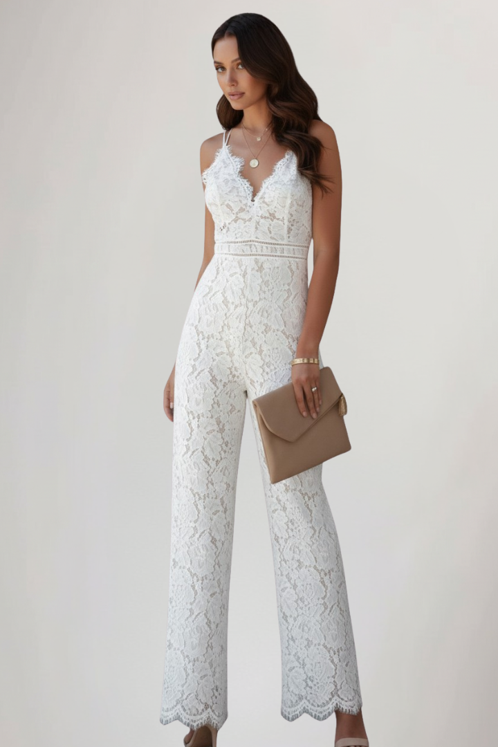 Damen Ärmellose Jumpsuit Spitze V-Ausschnitt Weite Beine