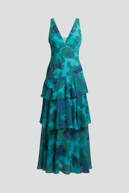 Damen Maxikleid Gestufter Rock V-Ausschnitt - Norvielle