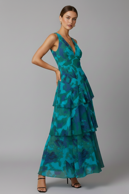 Damen Maxikleid Gestufter Rock V-Ausschnitt
