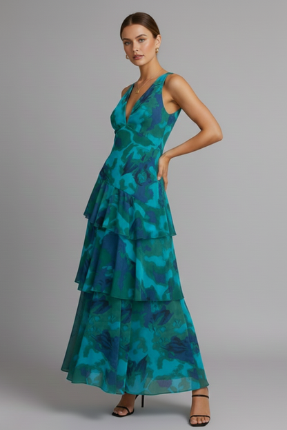 Damen Maxikleid Gestufter Rock V-Ausschnitt