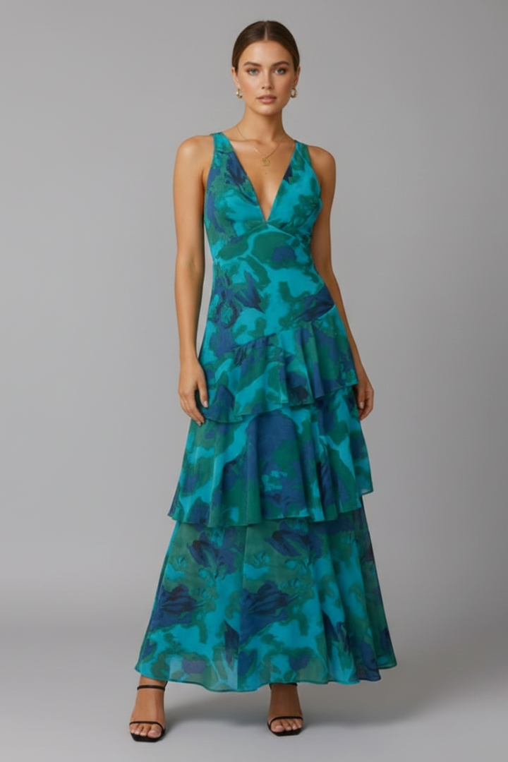 Damen Maxikleid Gestufter Rock V-Ausschnitt