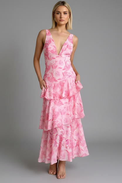 Damen Maxikleid Gestufter Rock V-Ausschnitt