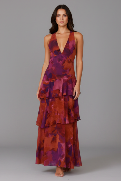 Damen Maxikleid Gestufter Rock V-Ausschnitt