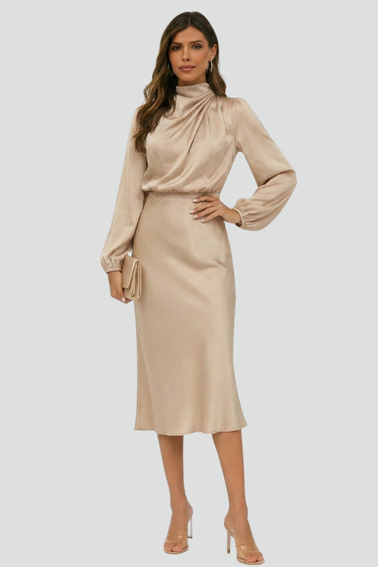 Damen Midikleid Hochhalter mit langen Ärmeln
