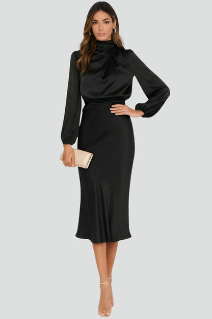 Damen Midikleid Hochhalter mit langen Ärmeln