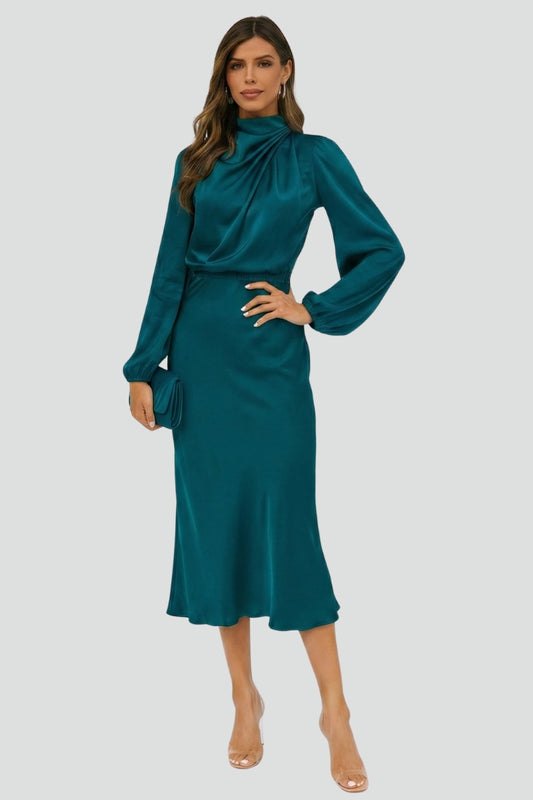 Damen Midikleid Hochhalter mit langen Ärmeln