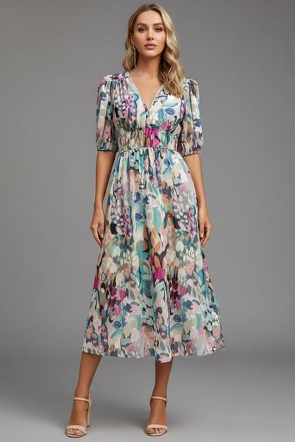 Damen Geblümtes Midikleid Puffärmel