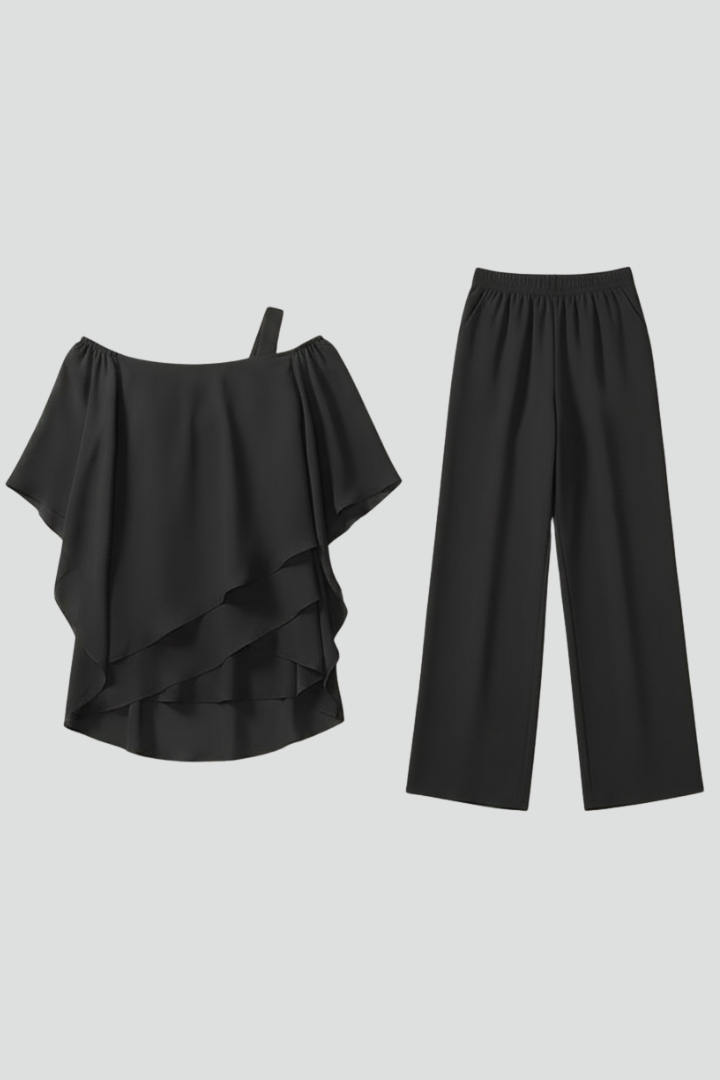 Damen Off-Shoulder Jumpsuit Fließend Weite Bein Schwarz - Norvielle