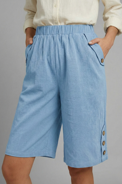 Damen Shorts Elastischer Bund Weites Bein Knöpfe