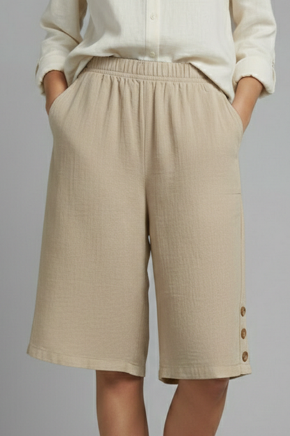 Damen Shorts Elastischer Bund Weites Bein Knöpfe