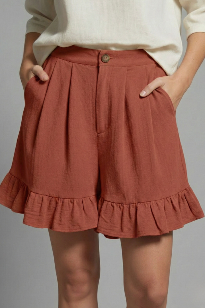 Damen Casual Shorts Hochtailliert Rüschen Saum