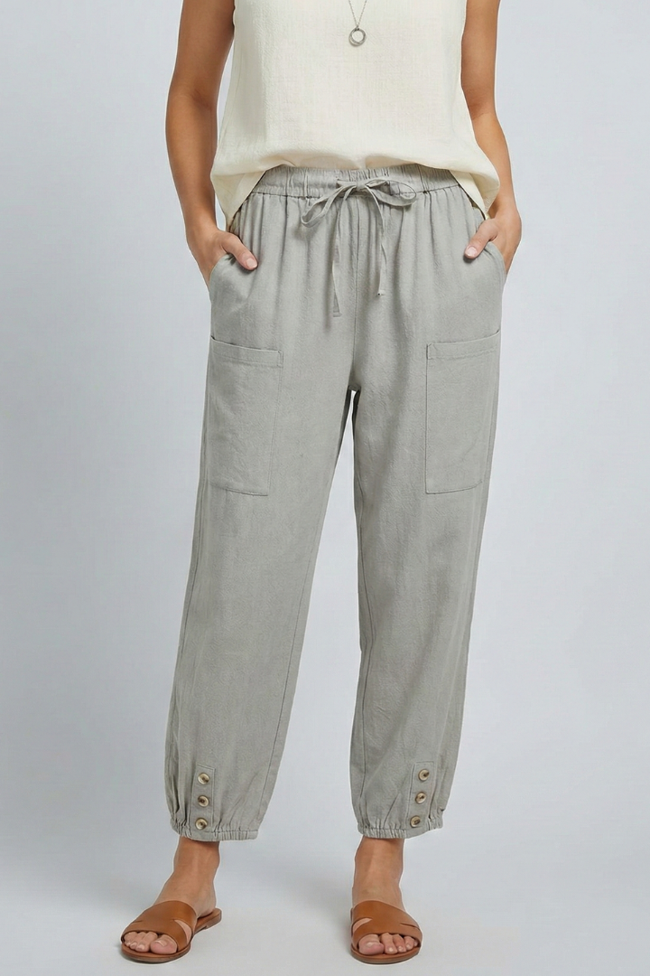 Damenhose mit Kordelzugbund und Knopfsaum