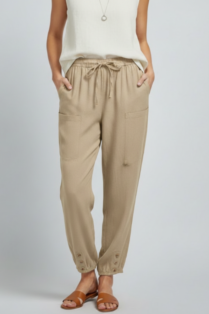Damenhose mit Kordelzugbund und Knopfsaum