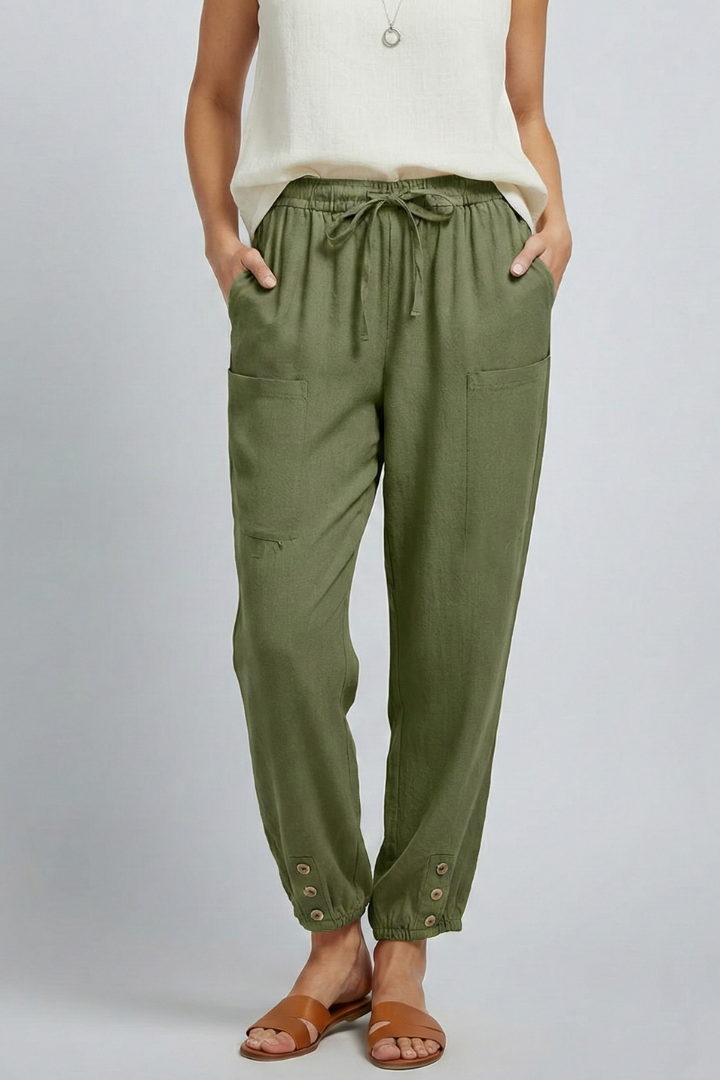 Damenhose mit Kordelzugbund und Knopfsaum