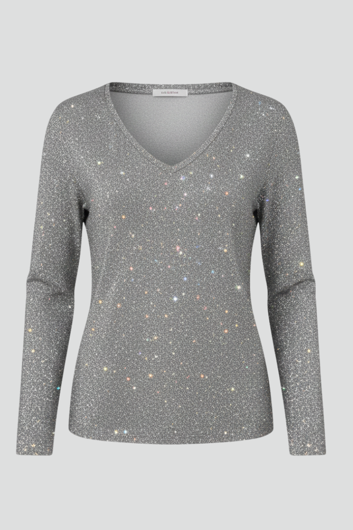 Damen Paillettenpullover V-Ausschnitt Länge Lang Ärmel Glitzer Schwarz - Norvielle