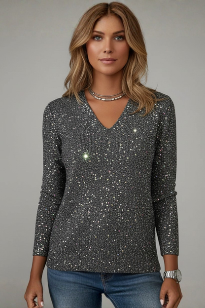Damen Paillettenpullover V-Ausschnitt Länge Lang Ärmel Glitzer