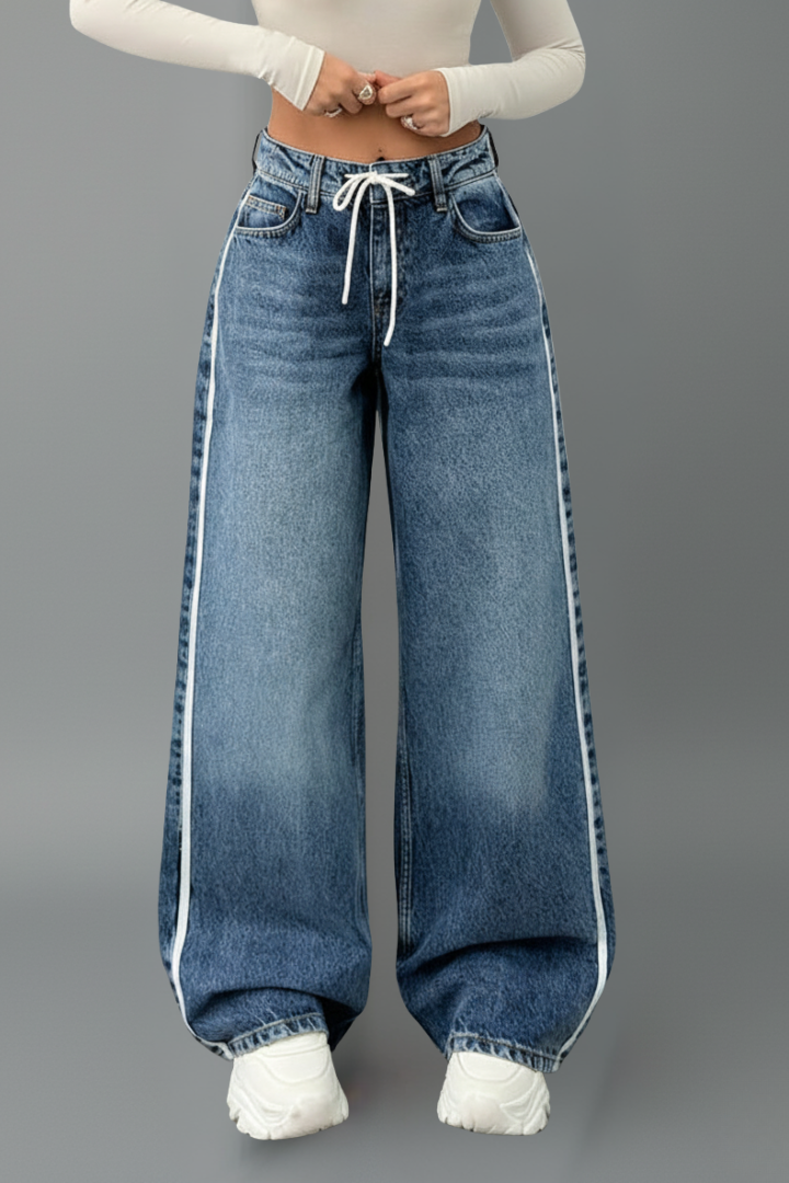 Damen Relaxed Wide-Leg Jeans mit Kordelzug