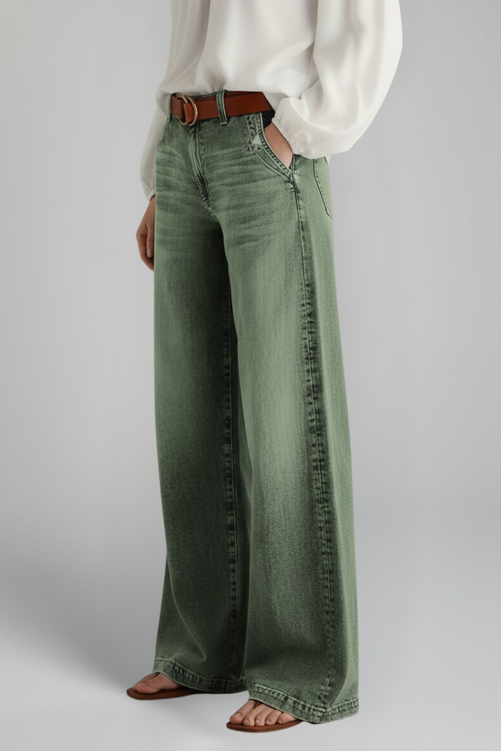 Damen Denim Jeans Weite Beinform Hohe Taille