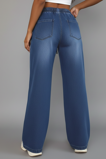 Damen Weitbeinige Hose Kordelzug Bund Aufgesetzte Taschen
