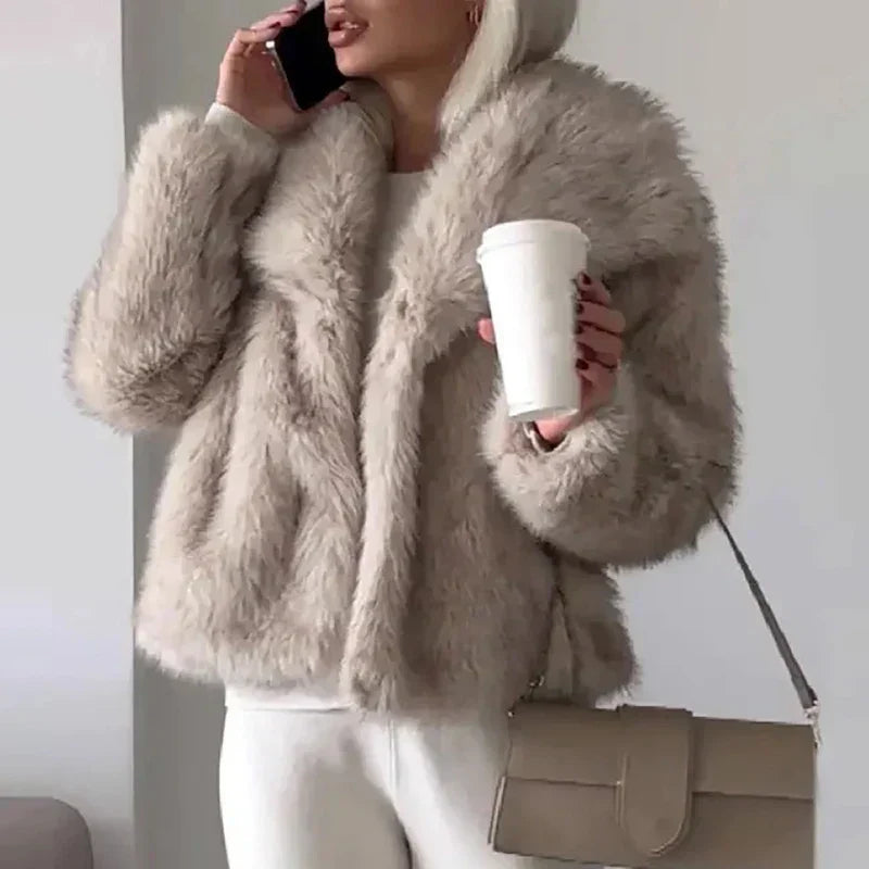 Damen Kunstpelzjacke Kurz Flauschig Winterjacke
