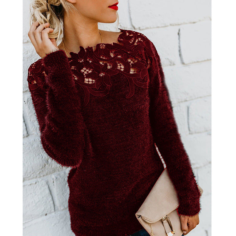 Damen Winterpullover Blumen-Spitzenkragen