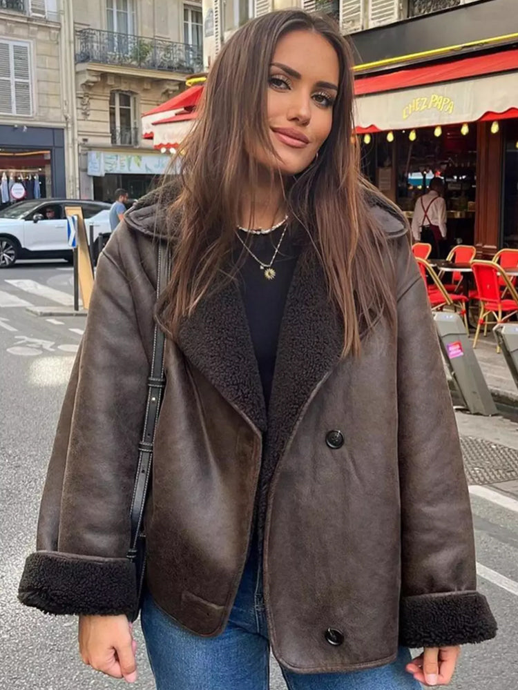 Damen Lederwinterjacke Locker Geschnitten Schwarz - Norvielle