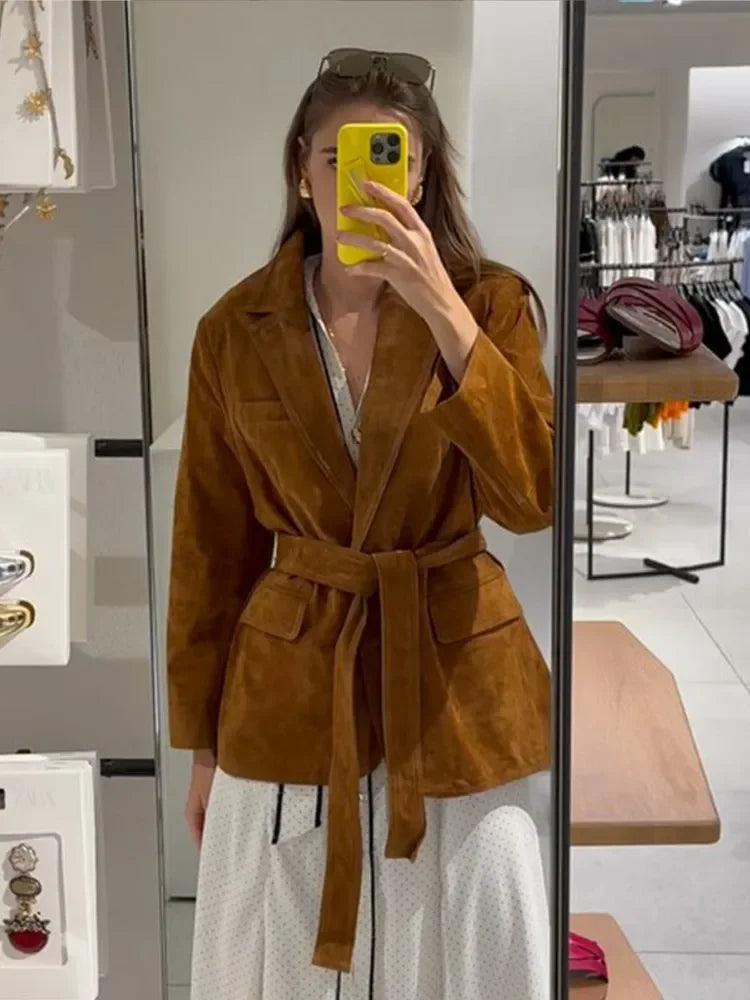 Damen Lederjacke Wildleder Mit Gürtel Braun - Norvielle