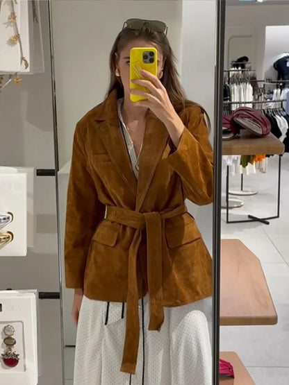 Damen Lederjacke Wildleder Mit Gürtel Braun - Norvielle