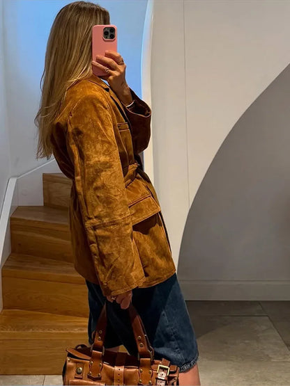 Damen Lederjacke Wildleder Mit Gürtel