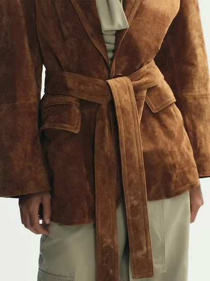 Damen Lederjacke Wildleder Mit Gürtel