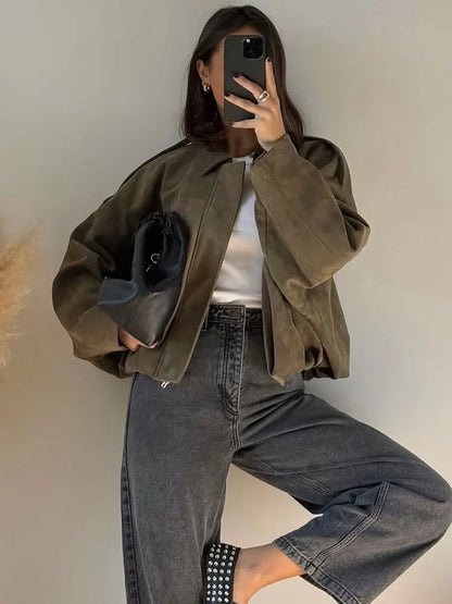 Damen Lederjacke Braun Grün Vintage Optik - Norvielle