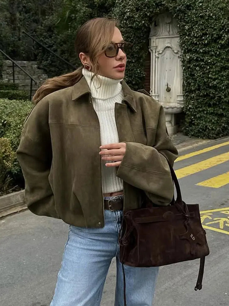 Damen Lederjacke Grün Vintage Optik