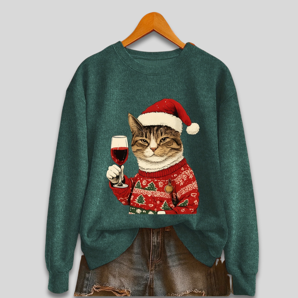 Weihnachtspullover Damen Lustige Katze Santa Motiv Grün - Norvielle