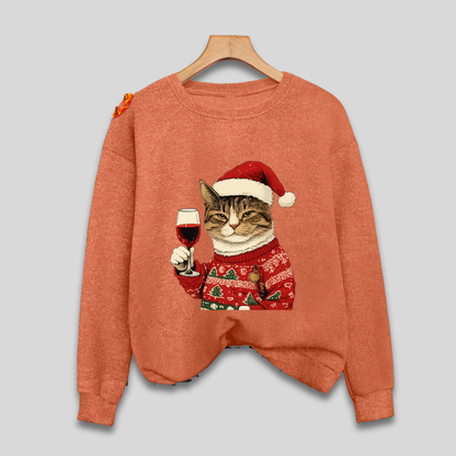 Weihnachtspullover Damen Lustige Katze Santa Motiv Grün