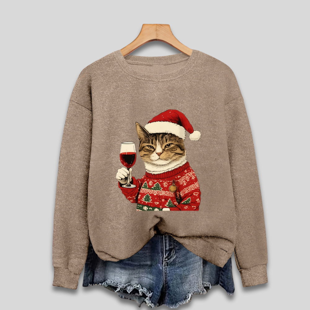 Weihnachtspullover Damen Lustige Katze Santa Motiv Grün