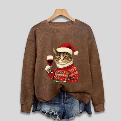 Weihnachtspullover Damen Lustige Katze Santa Motiv Grün
