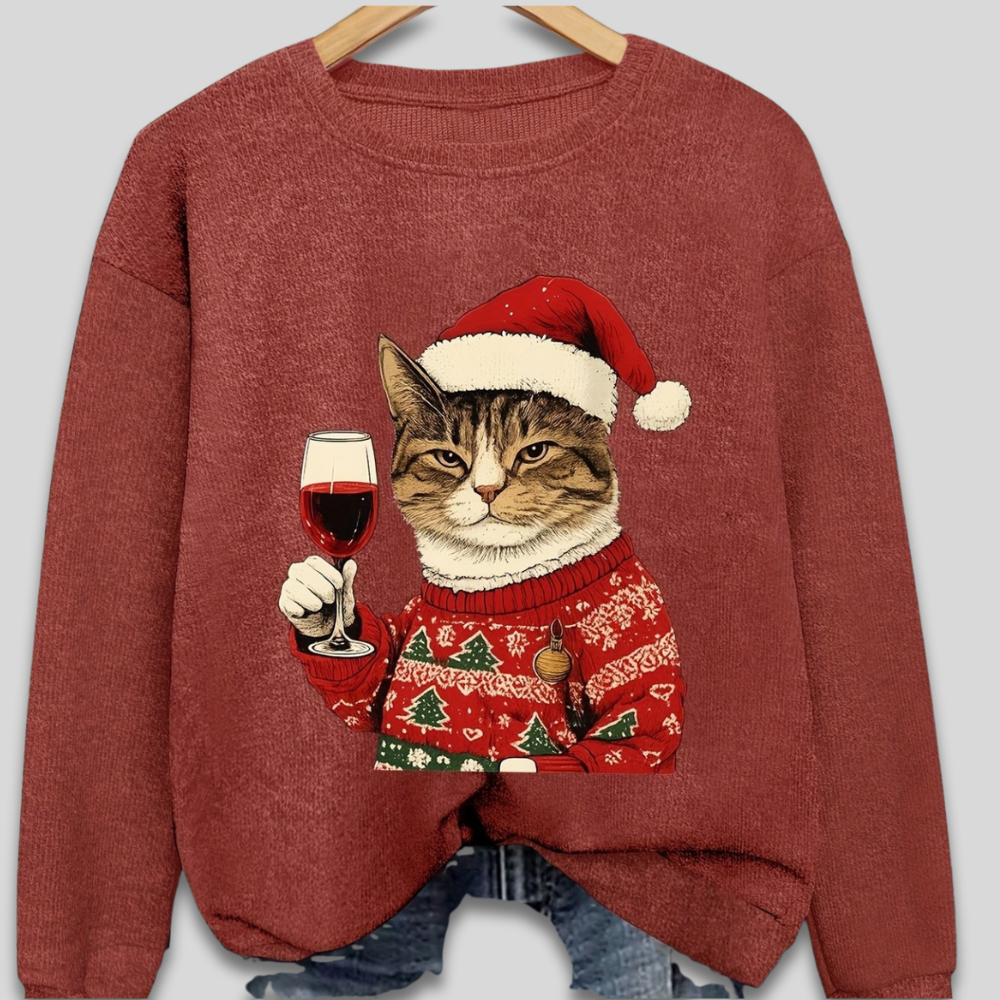 Weihnachtspullover Damen Lustige Katze Santa Motiv Grün