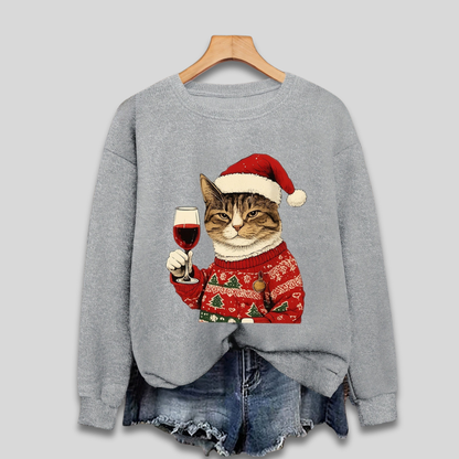 Weihnachtspullover Damen Lustige Katze Santa Motiv Grün