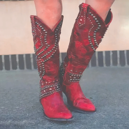 Damen Cowboy Stiefel Lederoptik Spitz Zehen Nieten