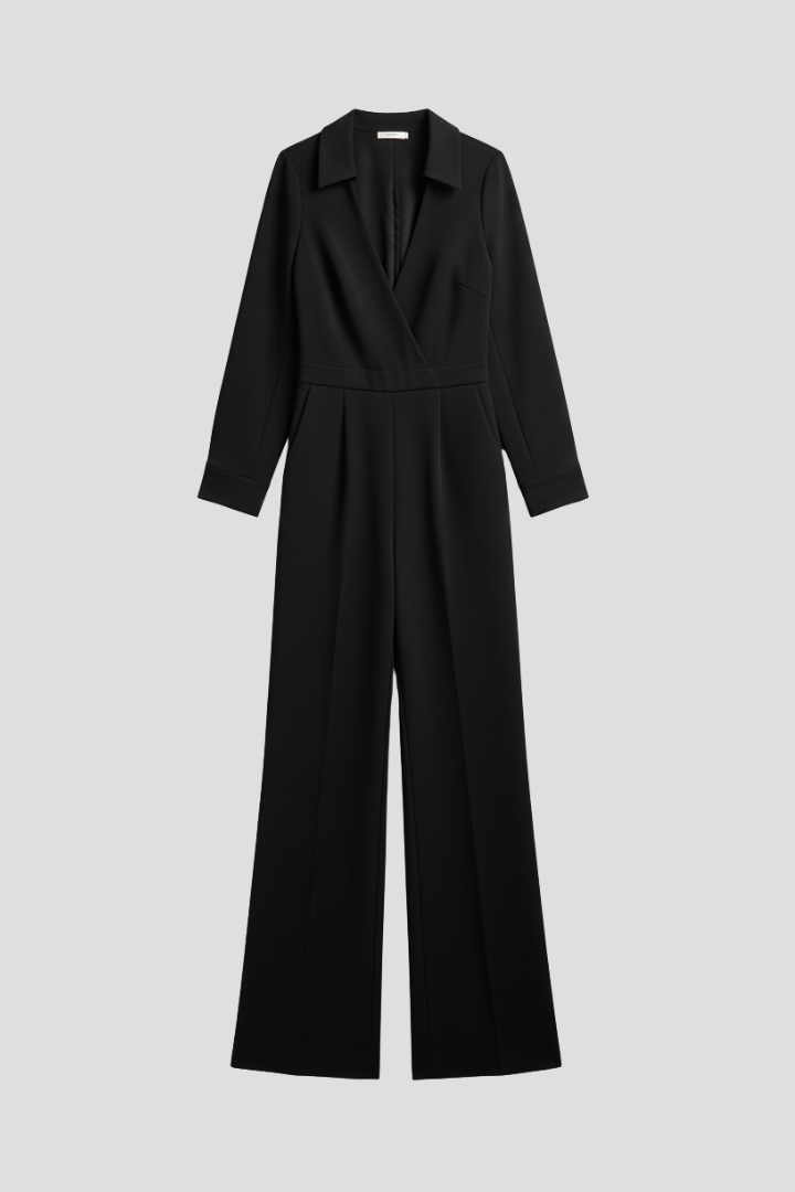 Damen Taillierter Jumpsuit Wide-Leg Kragen Schwarz - Norvielle