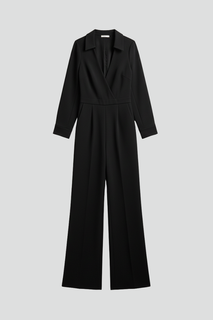 Damen Taillierter Jumpsuit Wide-Leg Kragen Schwarz - Norvielle