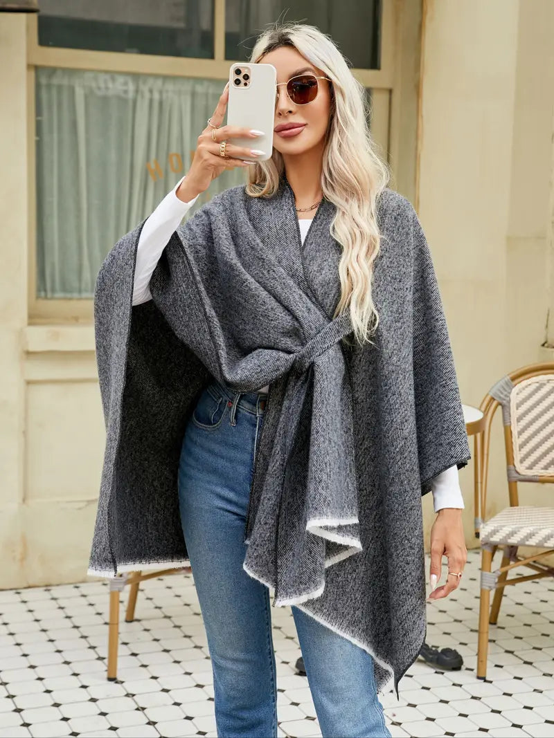 Damen Asymmetrischer Schal Oversized Wrap mit Taillengürtel Anthrazit - Norvielle