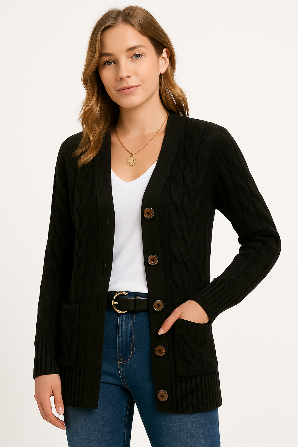 Damen Strickcardigan Zopfmuster Frühling Öko-Look Beige