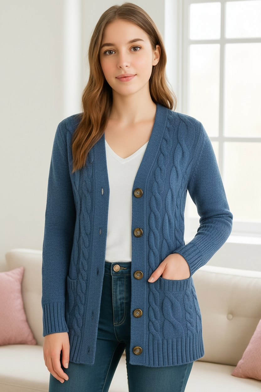 Damen Strickcardigan Zopfmuster Frühling Öko-Look Beige - Norvielle