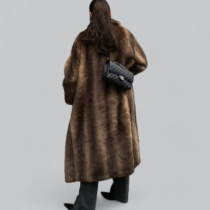 Damen Faux-Fur Mantel Dunkelbraun Lang