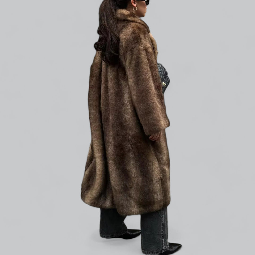 Damen Faux-Fur Mantel Dunkelbraun Lang
